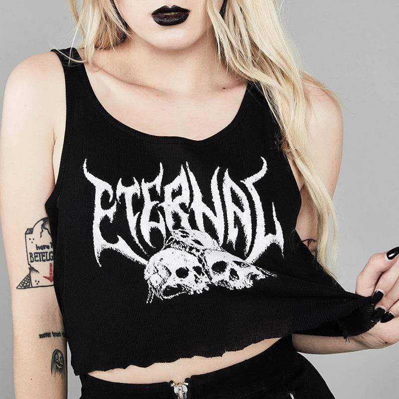 Gothic Women Skull Mesh Sleeves Lace Tank Crop Top Punk Sleeveless  Streetwear