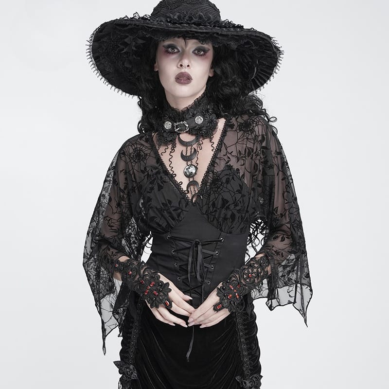 Women's Gothic Plunging V-Neck Floral Mesh Bell Sleeve Top - Punk Design