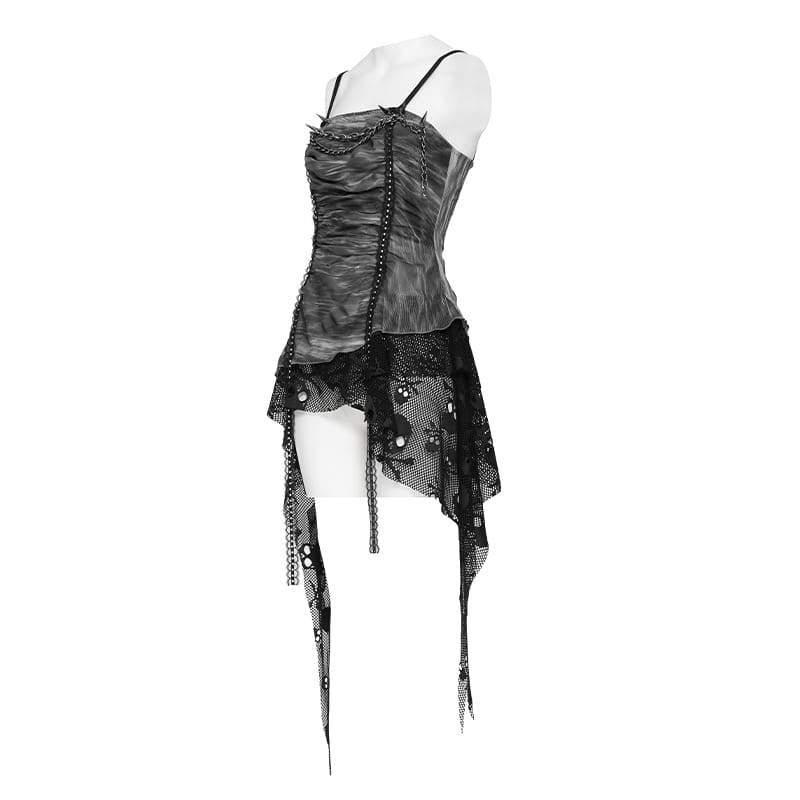 Women's Punk Spiked Chained Asymmetric Tank Top - Punk Design
