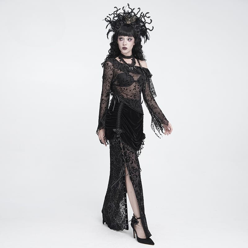 Women's Gothic Asymmetric Floral Cobweb Mesh Top - Punk Design