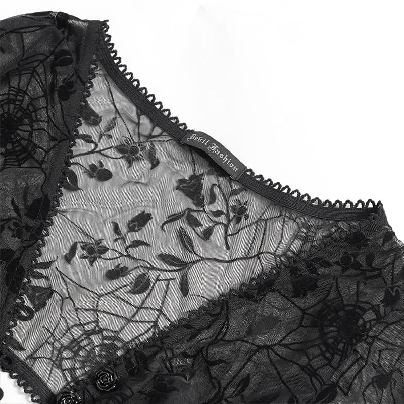 Women's Gothic Plunging V-Neck Floral Mesh Bell Sleeve Top - Punk Design