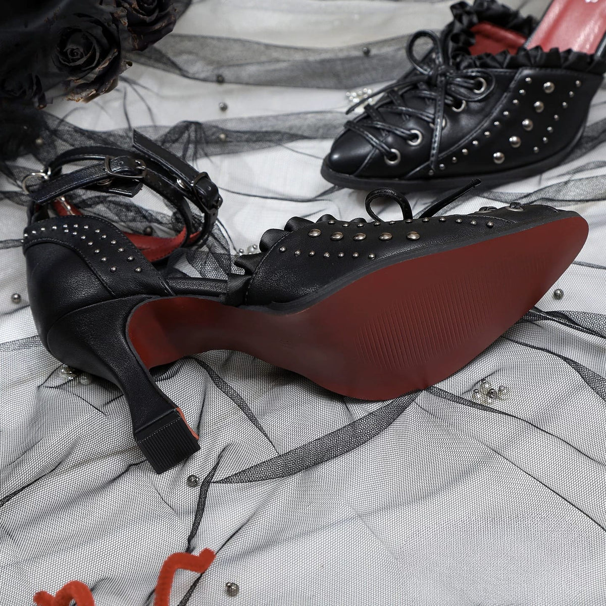 Kobine Women's Gothic Studded Ruffle Lace-up Ankle Strap Stilettos