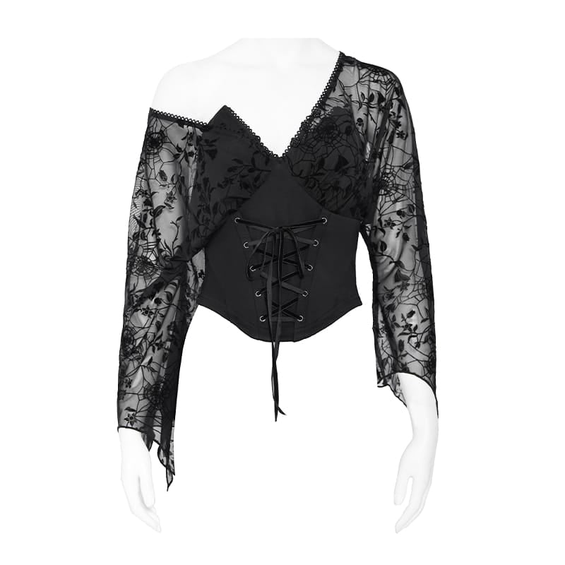 Women's Gothic Plunging V-Neck Floral Mesh Bell Sleeve Top - Punk Design
