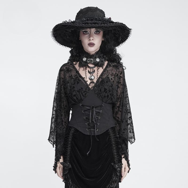 Women's Gothic Plunging V-Neck Floral Mesh Bell Sleeve Top - Punk Design