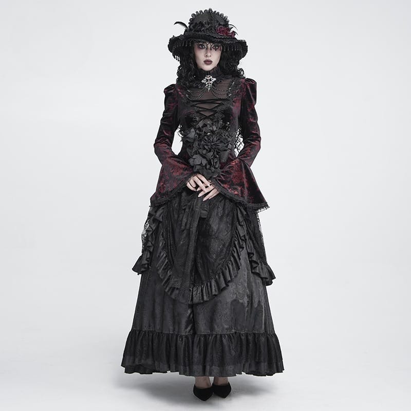 Women's Gothic Lace-up Chained Flare Sleeve Velvet Top Red - Punk Design