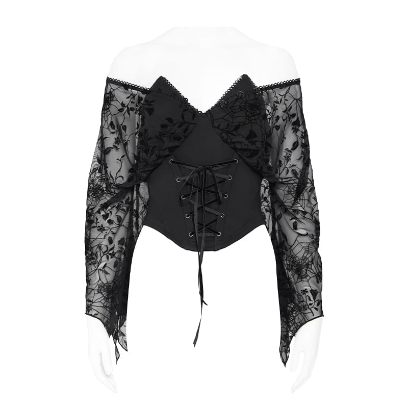 Women's Gothic Plunging V-Neck Floral Mesh Bell Sleeve Top - Punk Design