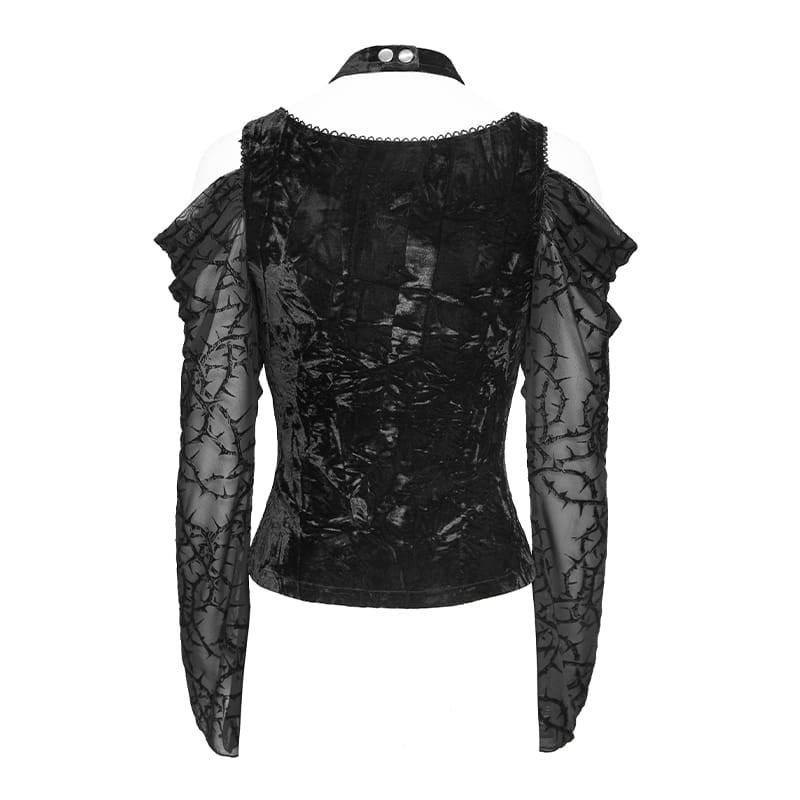 Women's Gothic Lace-up Thorny Vine Off Shoulder Mesh Top - Punk Design
