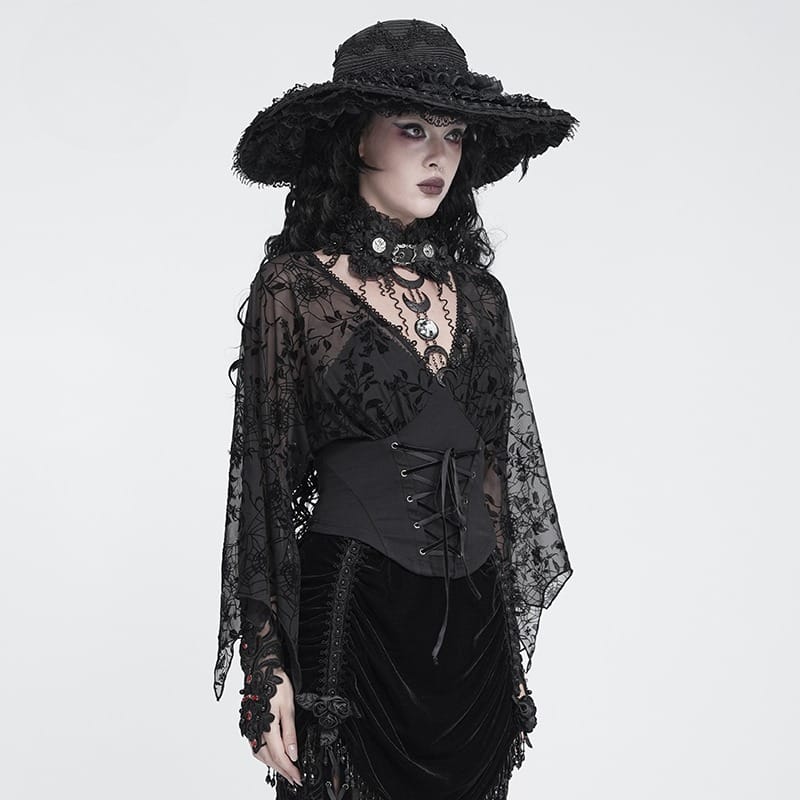 Women's Gothic Plunging V-Neck Floral Mesh Bell Sleeve Top - Punk Design