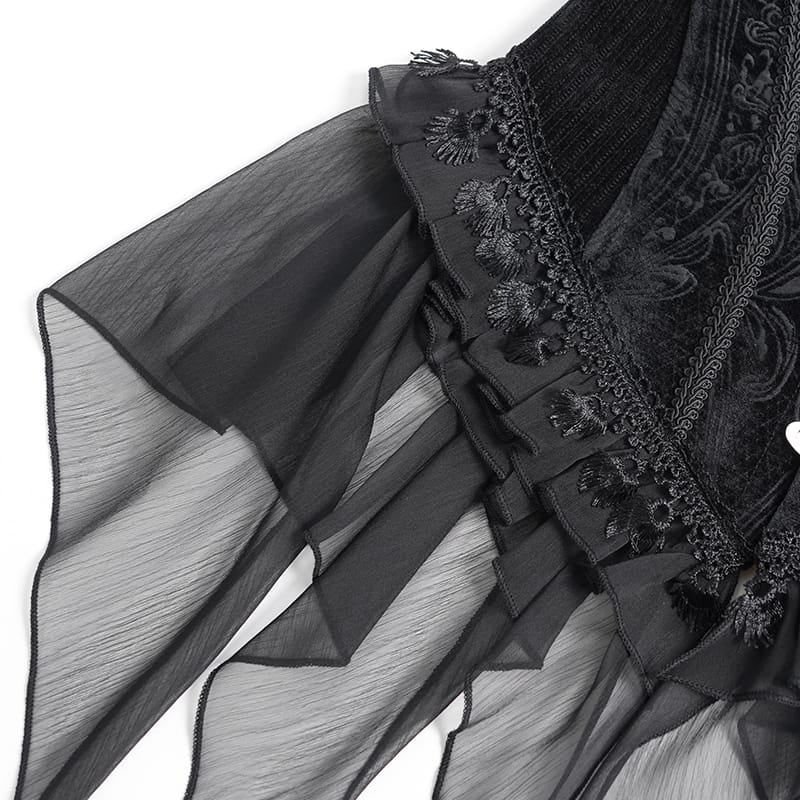 DEVIL FASHION Women's Gothic Lace-up Jacquard Overbust Corset with Asymmetrical Draped Sheer Chiffon Tails