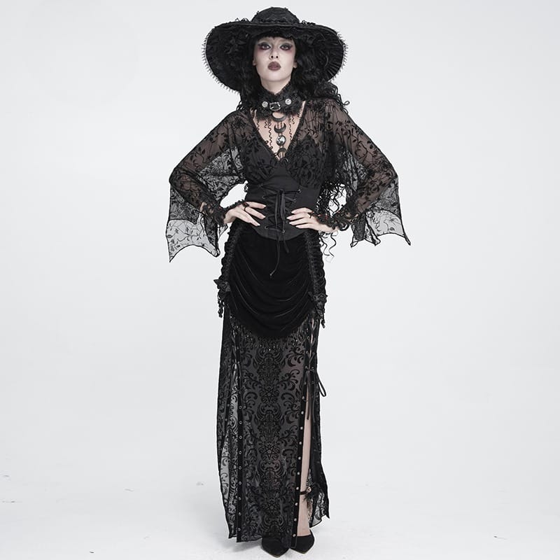 Women's Gothic Plunging V-Neck Floral Mesh Bell Sleeve Top - Punk Design