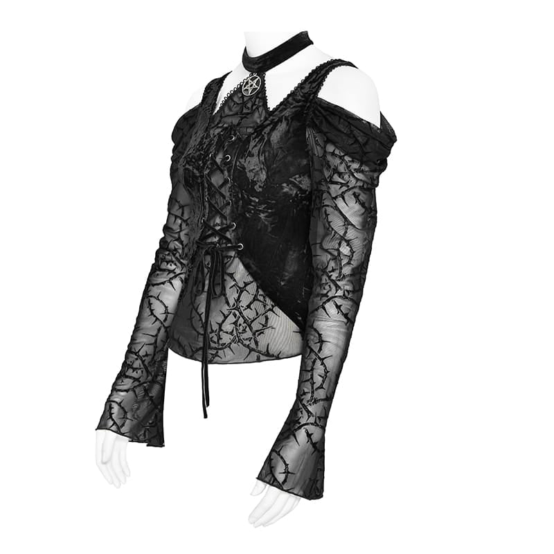 Women's Gothic Lace-up Thorny Vine Off Shoulder Mesh Top - Punk Design