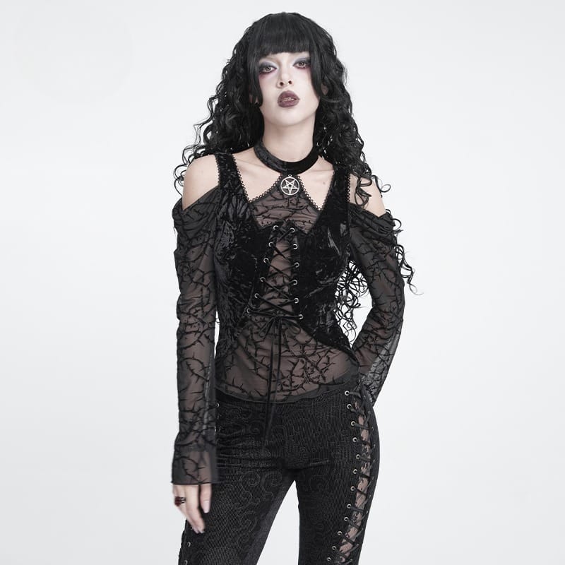 Women's Gothic Lace-up Thorny Vine Off Shoulder Mesh Top - Punk Design