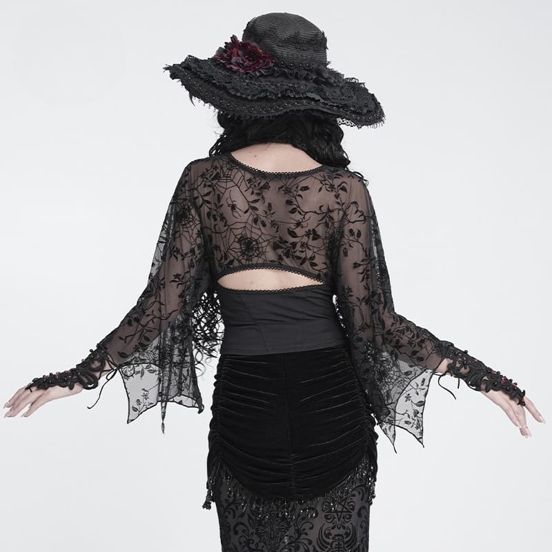 Women's Gothic Plunging V-Neck Floral Mesh Bell Sleeve Top - Punk Design
