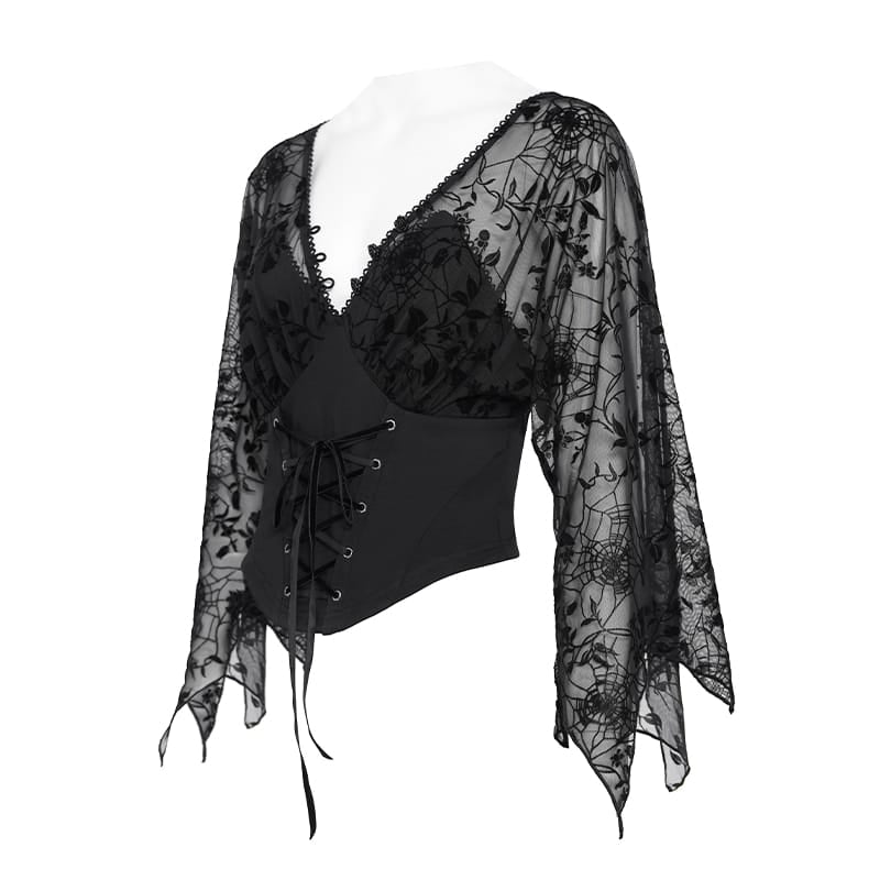 Women's Gothic Plunging V-Neck Floral Mesh Bell Sleeve Top - Punk Design