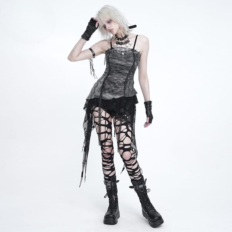 Women's Punk Spiked Chained Asymmetric Tank Top - Punk Design