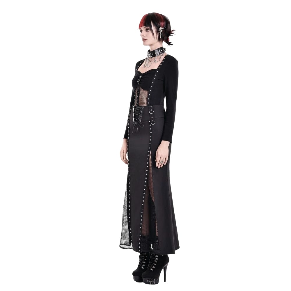 Darkinlove Women's Cyberpunk Lace-up Eyelet Mesh Splice Mermaid Skirt