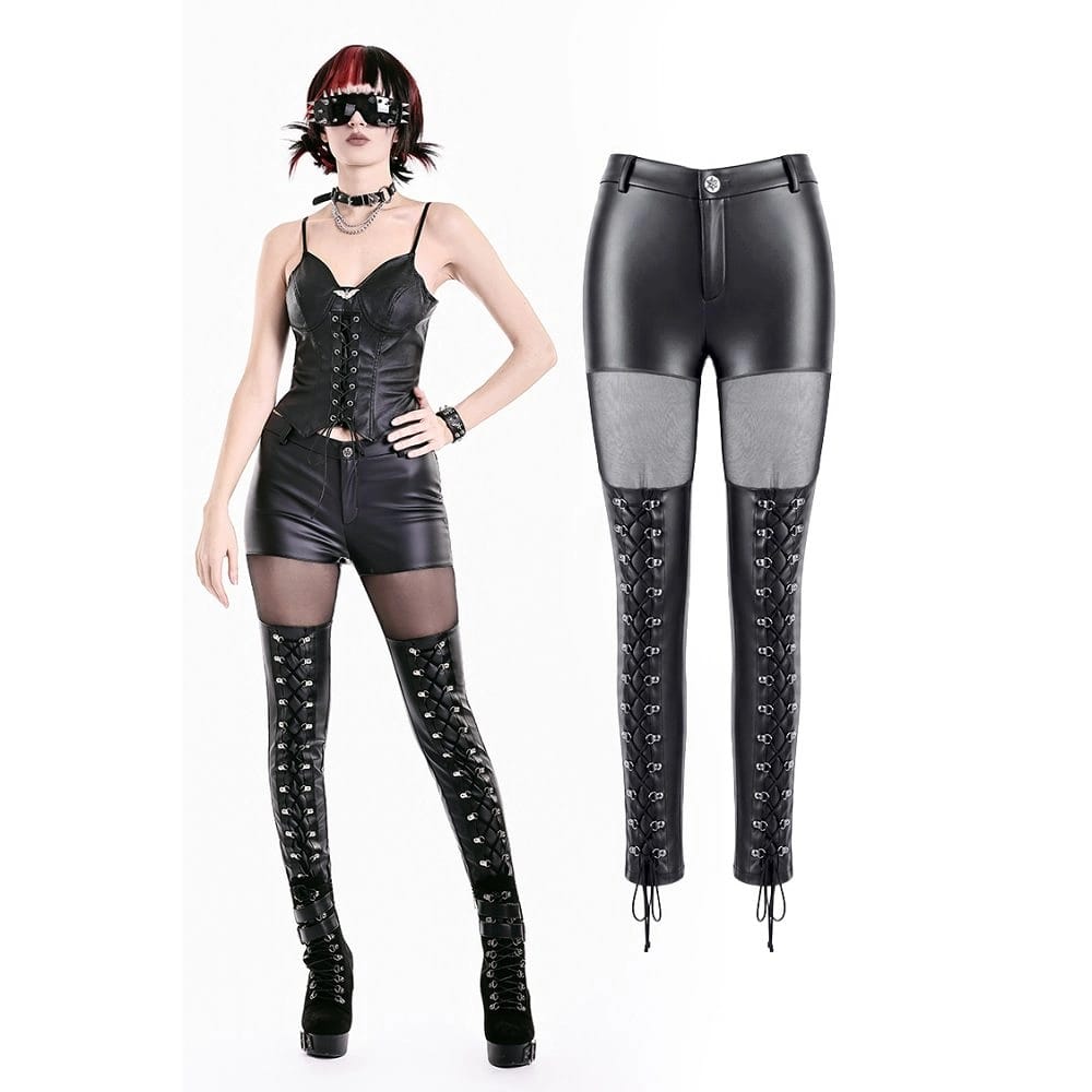 Darkinlove Women's Cyberpunk Sheer Mesh Patchwork Lace-Up Faux Leather Skinny Pants
