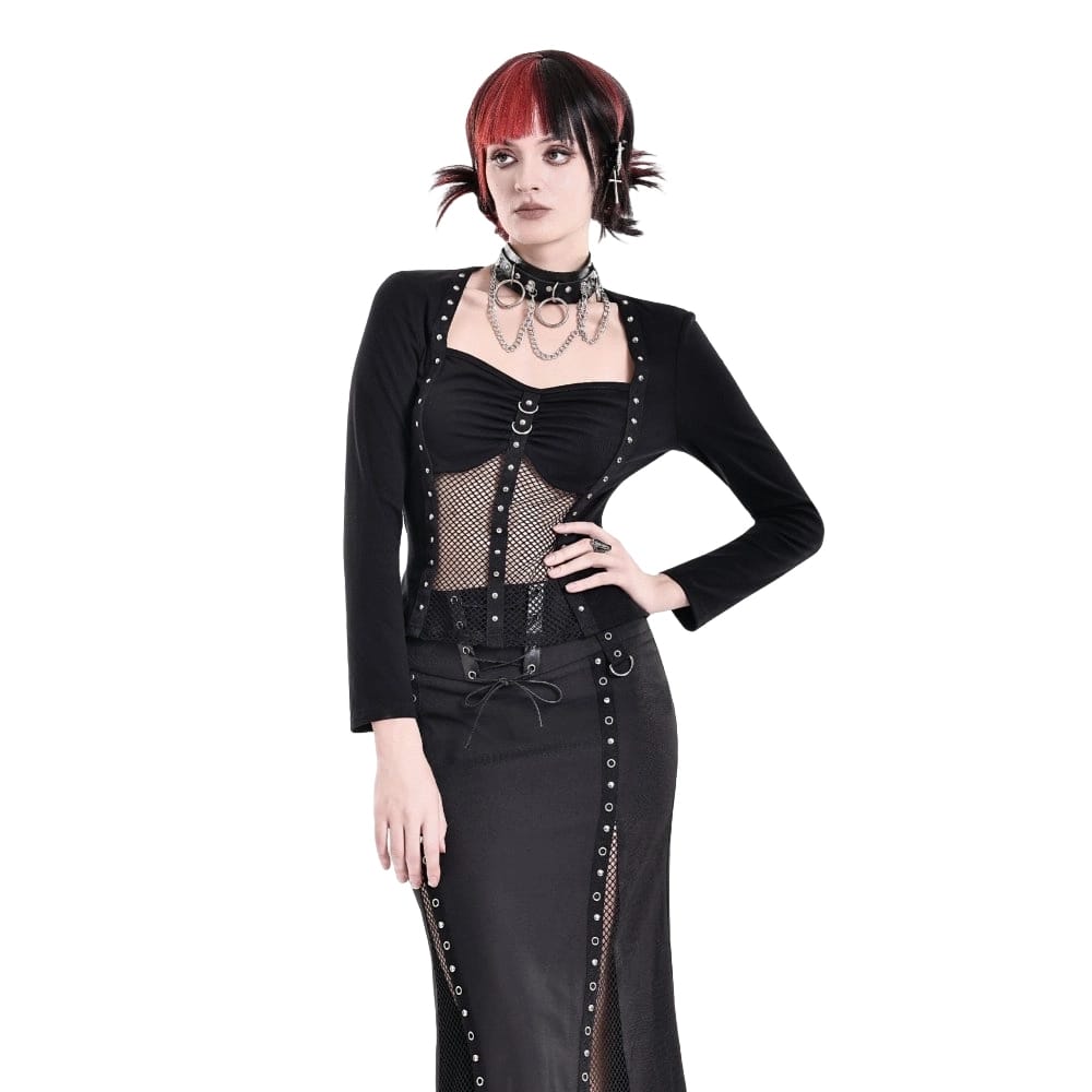 Darkinlove Women's Cyberpunk Studded Mesh Patchwork Square-cut Collar Long Sleeve Top