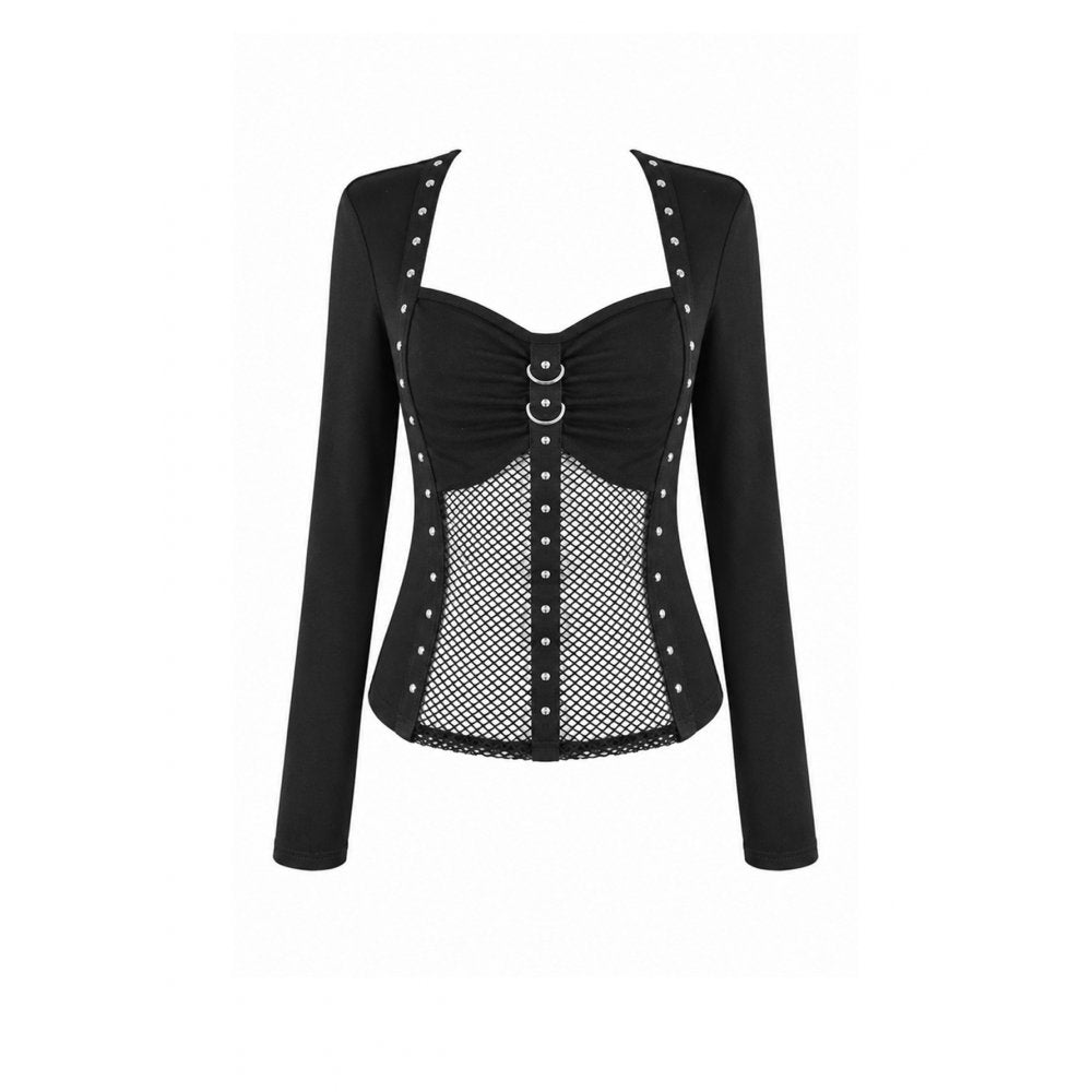 Darkinlove Women's Cyberpunk Studded Mesh Patchwork Square-cut Collar Long Sleeve Top