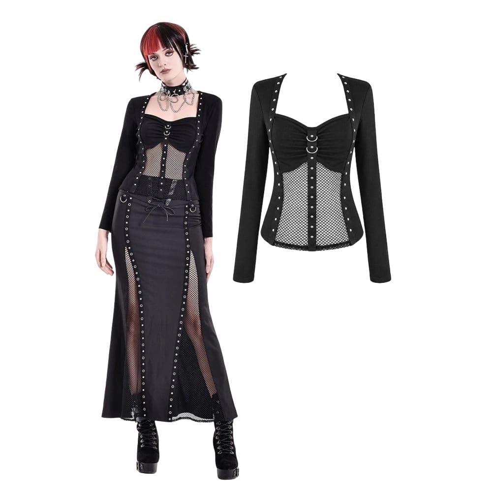 Darkinlove Women's Cyberpunk Studded Mesh Patchwork Square-cut Collar Long Sleeve Top