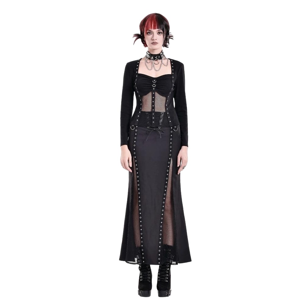 Darkinlove Women's Cyberpunk Studded Mesh Patchwork Square-cut Collar Long Sleeve Top