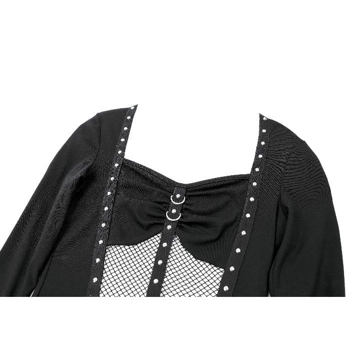 Darkinlove Women's Cyberpunk Studded Mesh Patchwork Square-cut Collar Long Sleeve Top