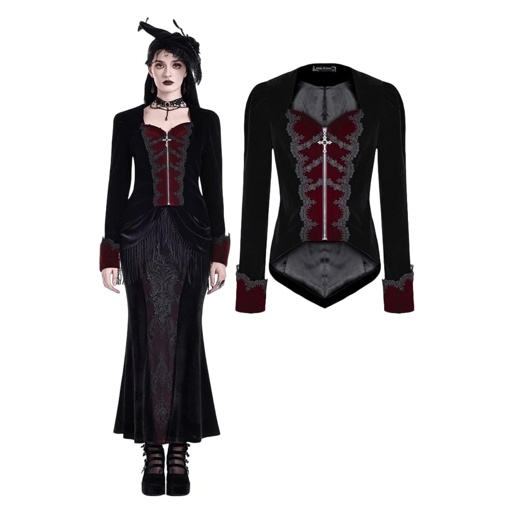 Darkinlove Women's Gothic Applique Two‑Tone Zipper Velvet Tailcoat Jacket