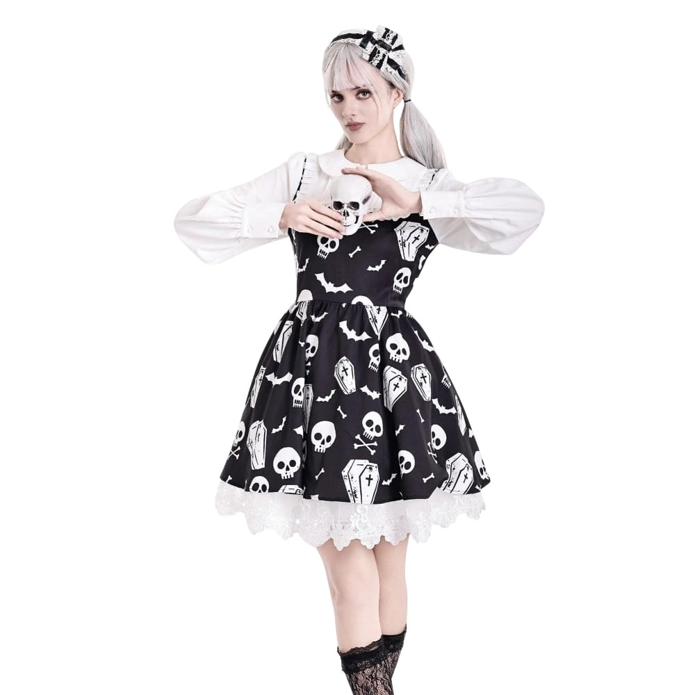 Darkinlove Women's Gothic Bat Coffin Skull Print Peter Pan Collar Bishop Sleeve Short Dress