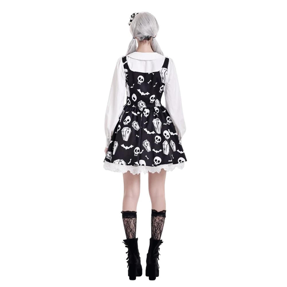 Darkinlove Women's Gothic Bat Coffin Skull Print Peter Pan Collar Bishop Sleeve Short Dress