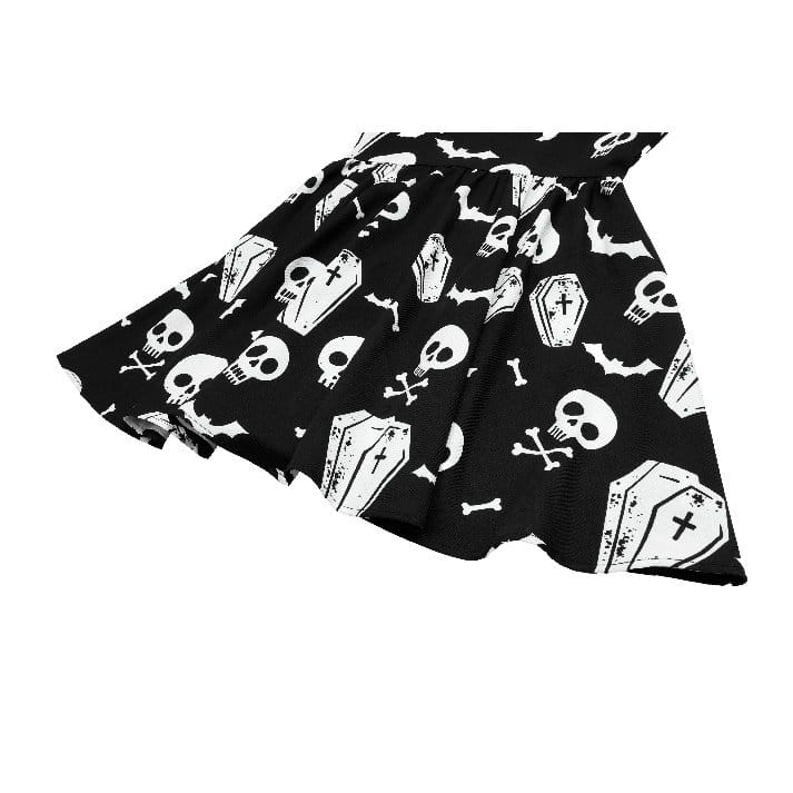 Darkinlove Women's Gothic Bat Coffin Skull Print Peter Pan Collar Bishop Sleeve Short Dress