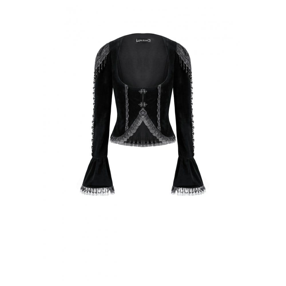 Darkinlove Women's Gothic Beaded Tassel Lace Trim Bell Sleeve Velvet Top