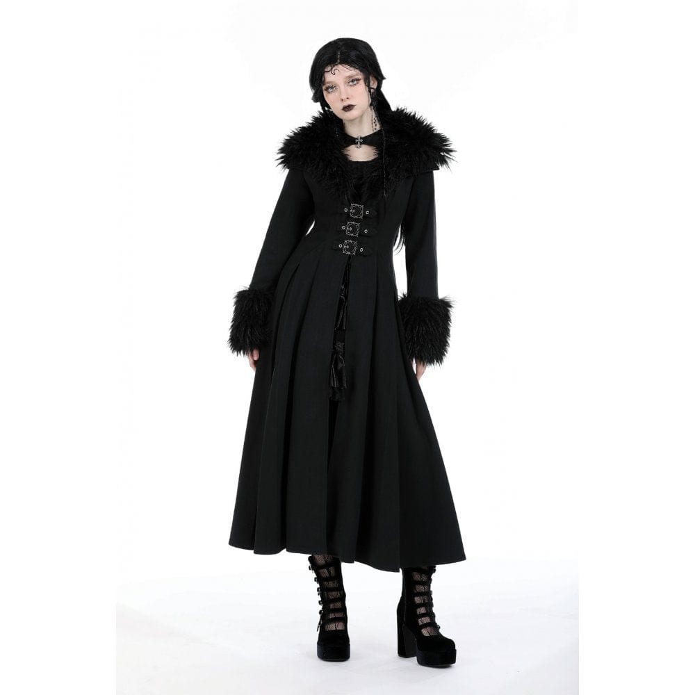Darkinlove Women's Gothic Buckle Draped Coat with Faux Fur Collar