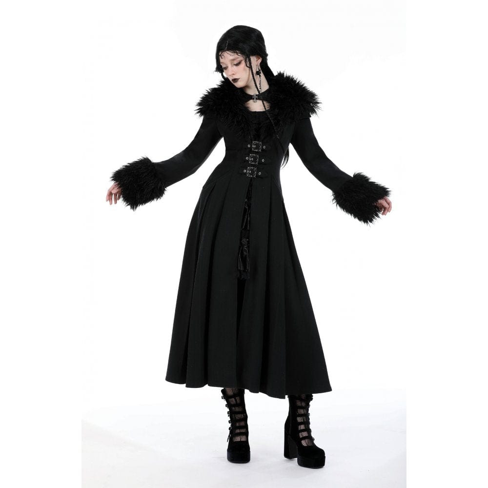 Darkinlove Women's Gothic Buckle Draped Coat with Faux Fur Collar