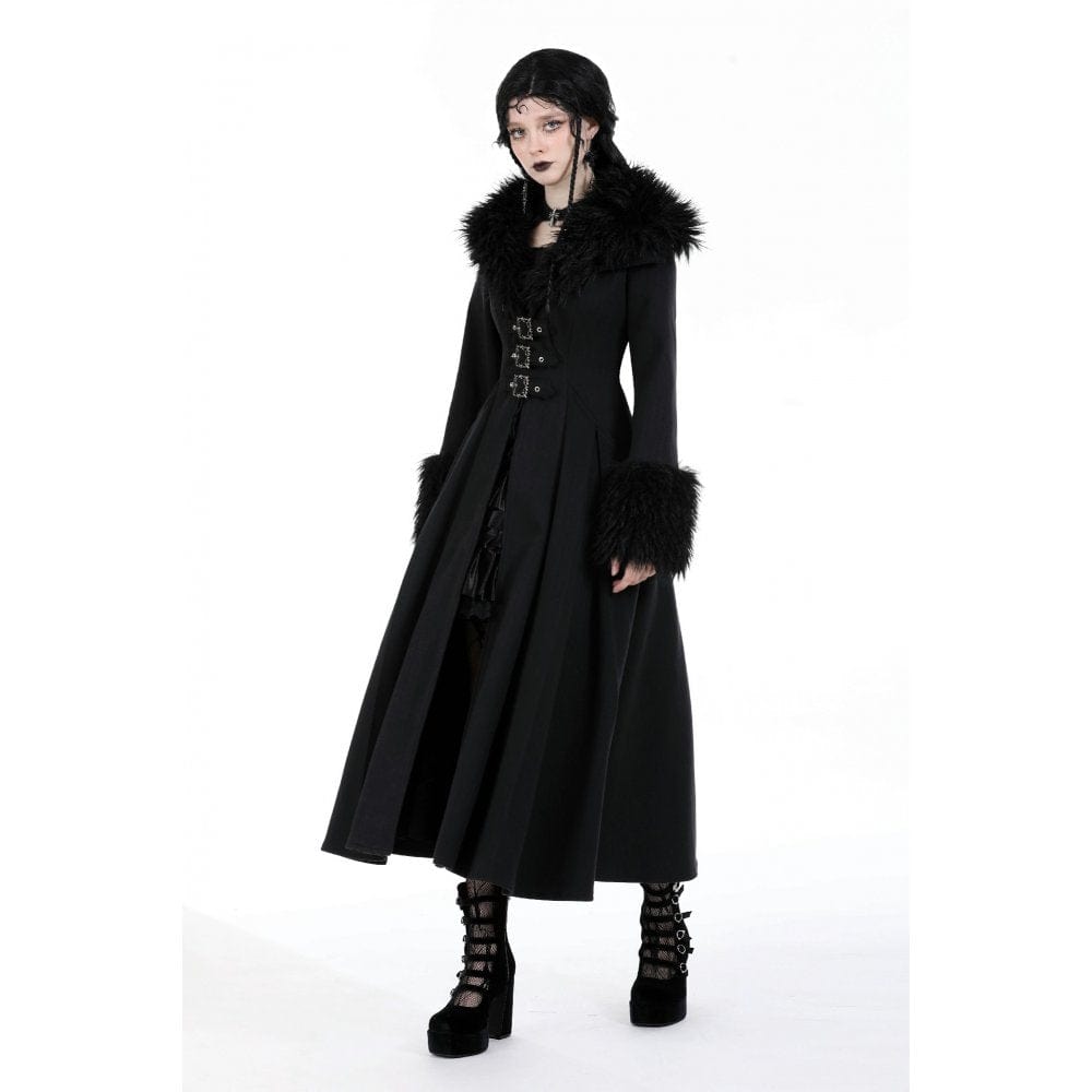 Darkinlove Women's Gothic Buckle Draped Coat with Faux Fur Collar