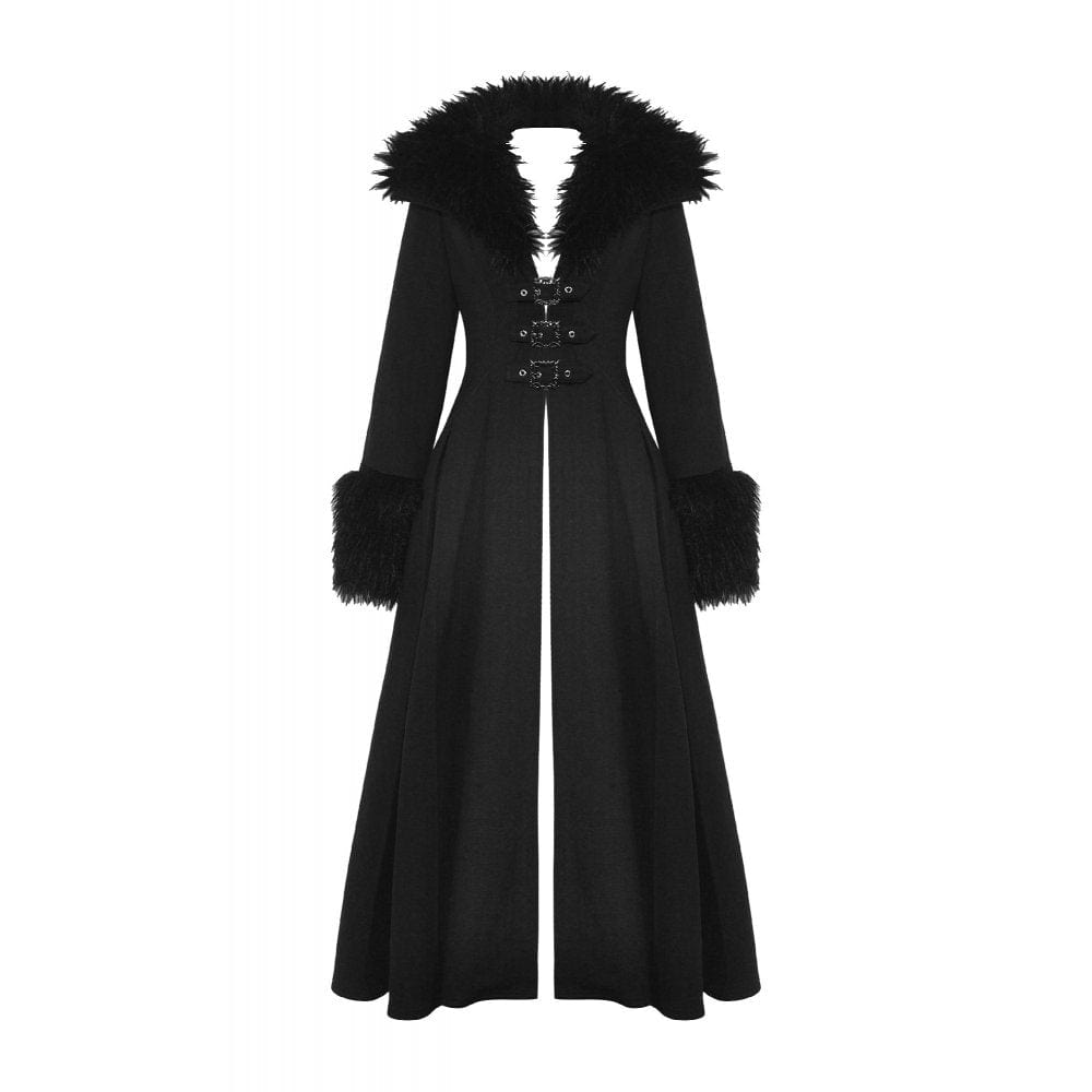 Darkinlove Women's Gothic Buckle Draped Coat with Faux Fur Collar