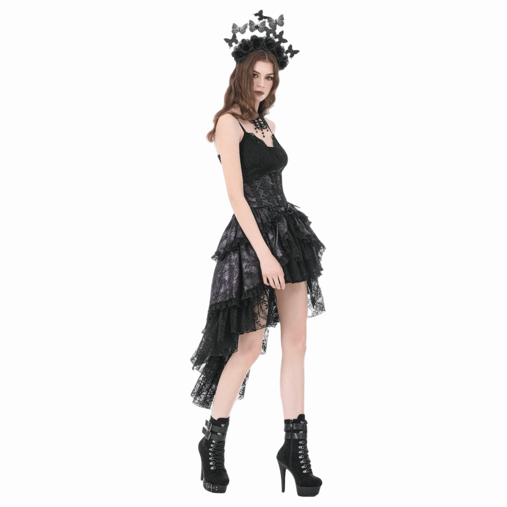 Darkinlove Women's Gothic Butterfly Bowknot Lace-up High-Low Skirt