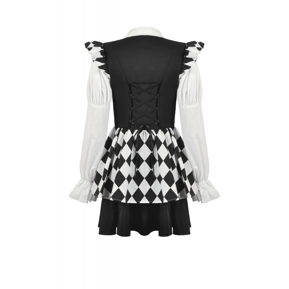 Darkinlove Women's Gothic Contrast Color Harlequin Puff Sleeved Dress