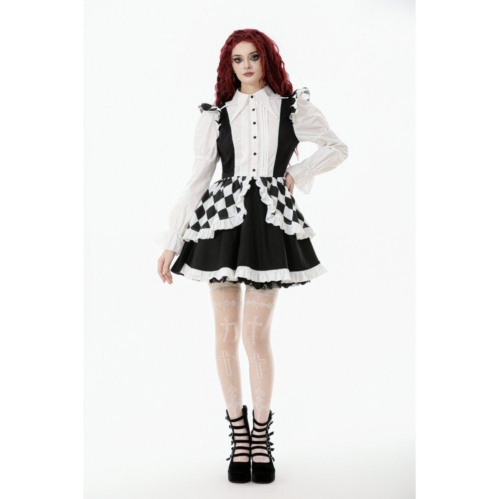 Darkinlove Women's Gothic Contrast Color Harlequin Puff Sleeved Dress