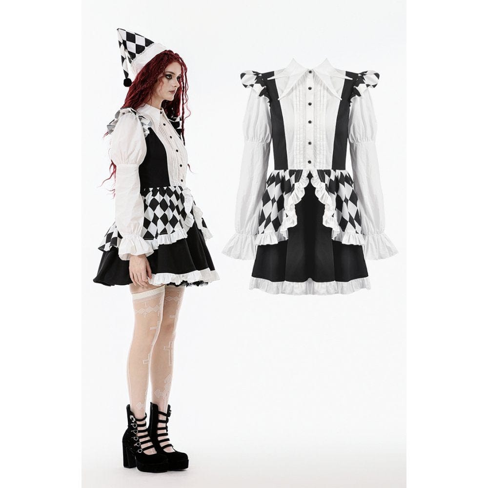 Darkinlove Women's Gothic Contrast Color Harlequin Puff Sleeved Dress