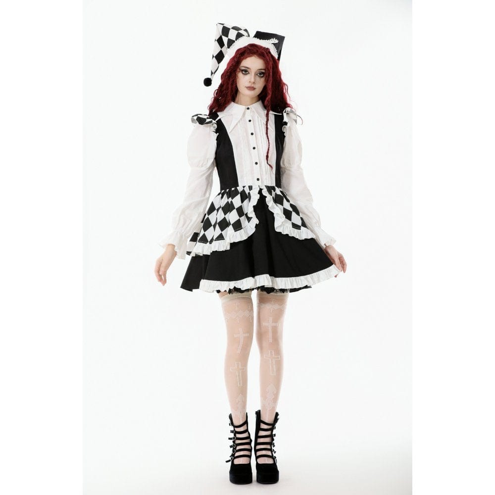 Darkinlove Women's Gothic Contrast Color Harlequin Puff Sleeved Dress