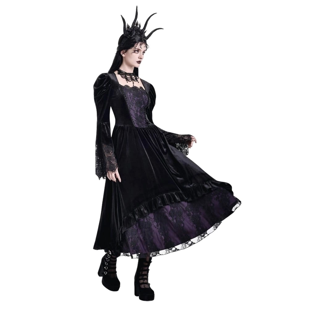 Darkinlove Women's Gothic Contrast Color Square-cut Collar Bell Sleeve Maxi Dress