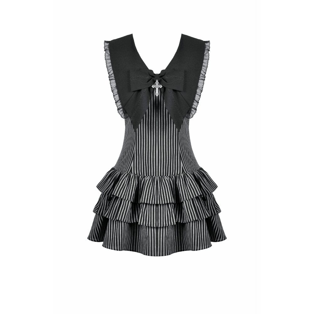 Darkinlove Women's Gothic Cross Bowknot Pinstripe Ruffle-Tier Dress