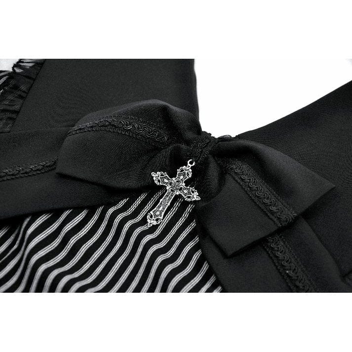 Darkinlove Women's Gothic Cross Bowknot Pinstripe Ruffle-Tier Dress