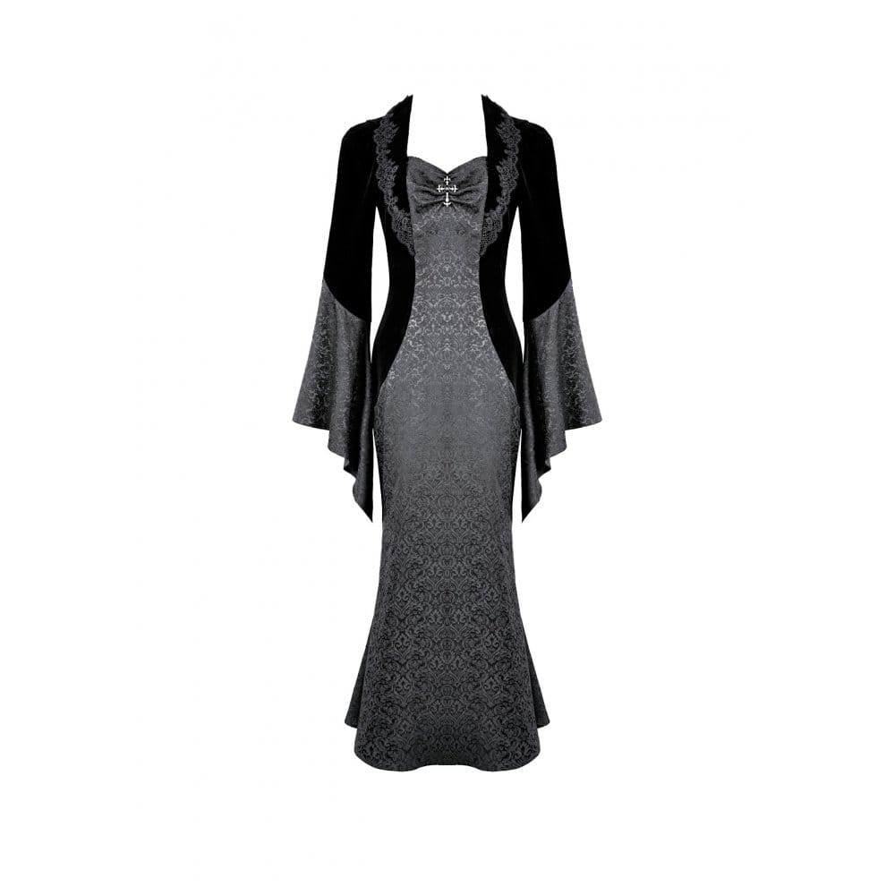 Darkinlove Women's Gothic Cross Decor Velvet Splice Jacquard Long Sleeved Dress