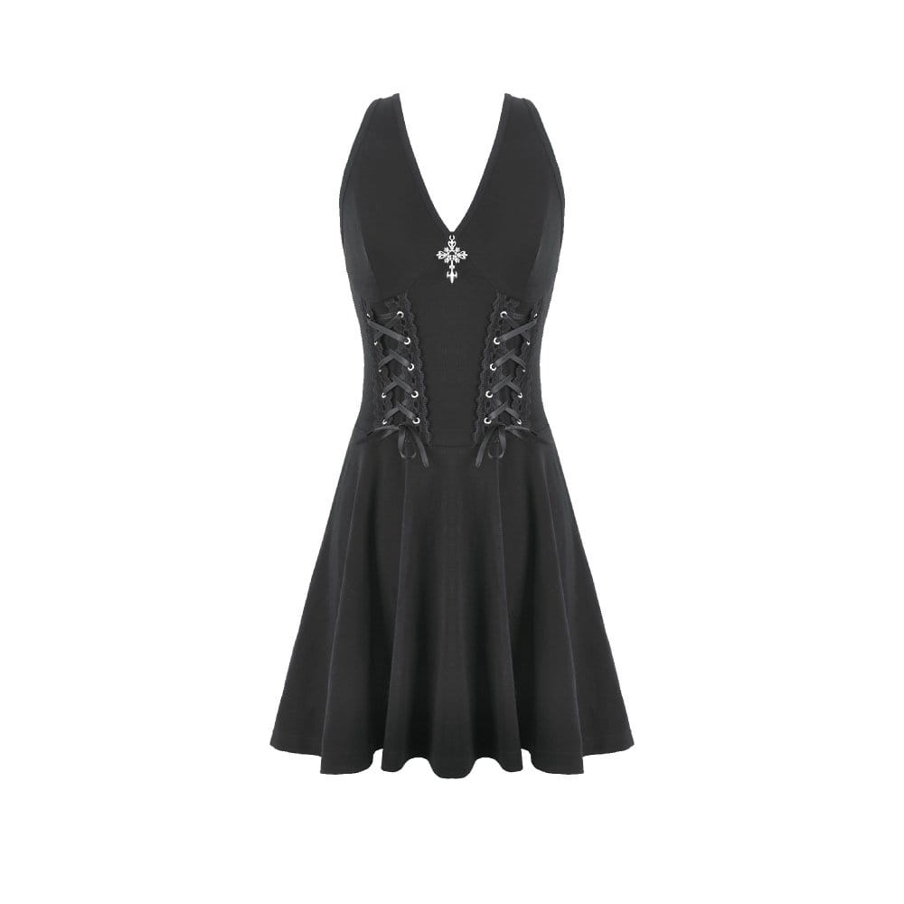 Darkinlove Women's Gothic Cross Plunging Lace-up Short Dress