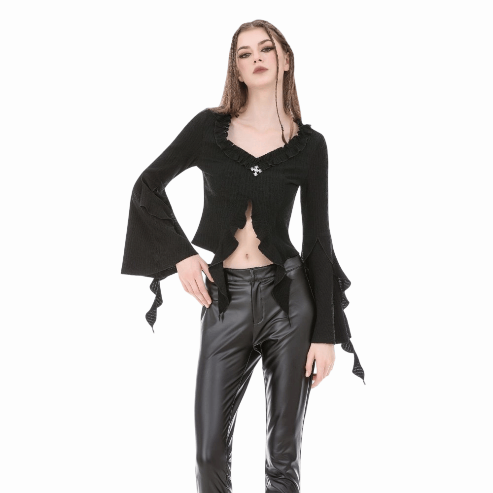 Darkinlove Women's Gothic Cross Plunging Long Sleeve Crop Top with Streamer