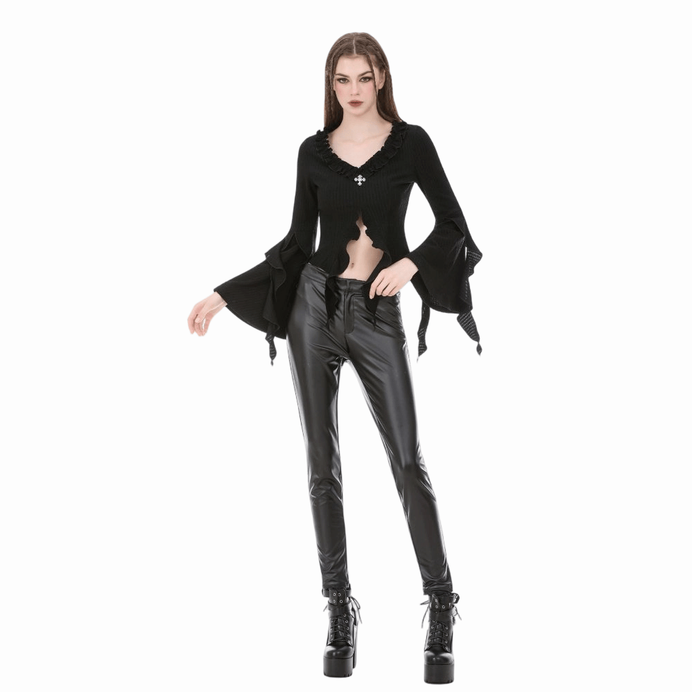Darkinlove Women's Gothic Cross Plunging Long Sleeve Crop Top with Streamer