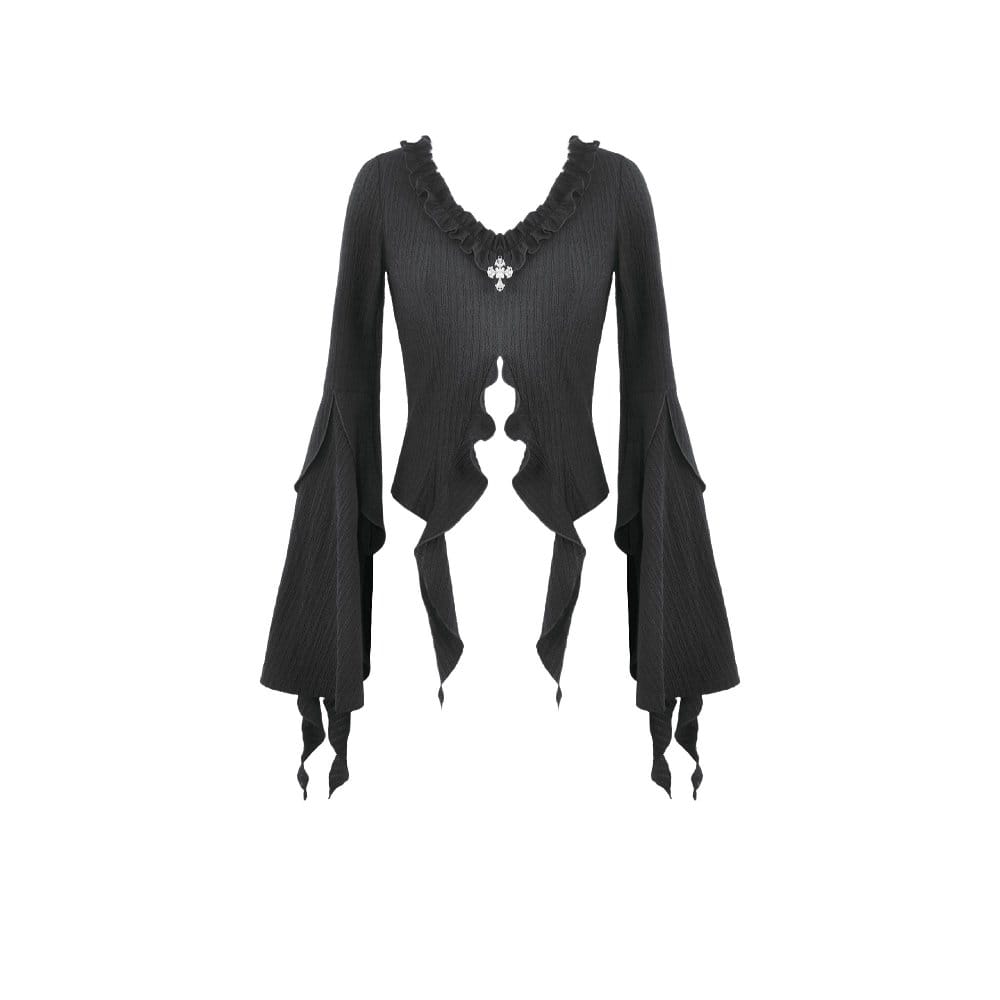 Darkinlove Women's Gothic Cross Plunging Long Sleeve Crop Top with Streamer