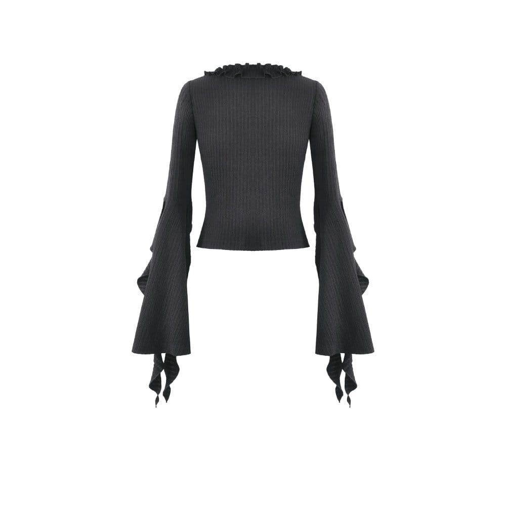Darkinlove Women's Gothic Cross Plunging Long Sleeve Crop Top with Streamer