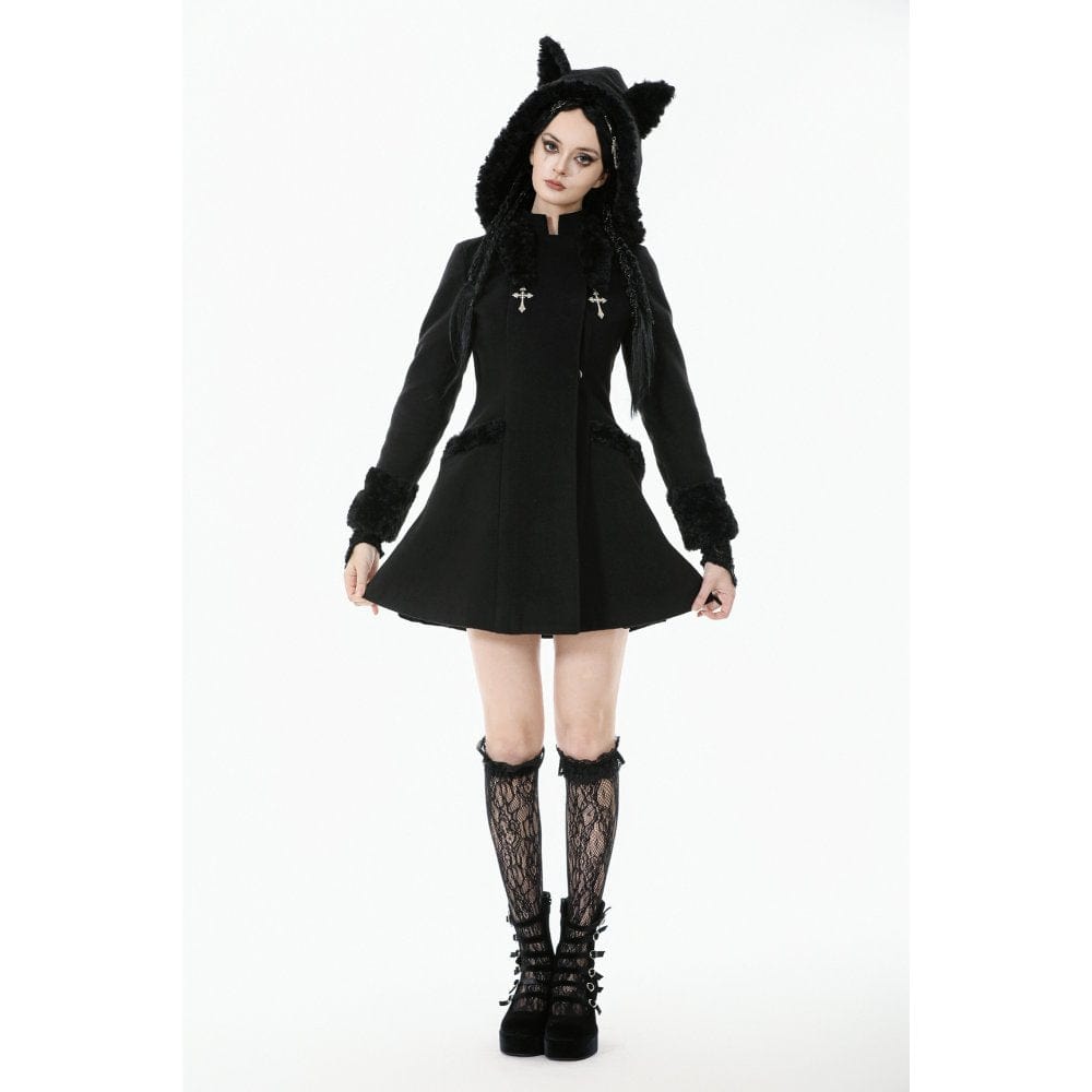 Darkinlove Women's Gothic Cross Plush Cat Ear Hooded Coat